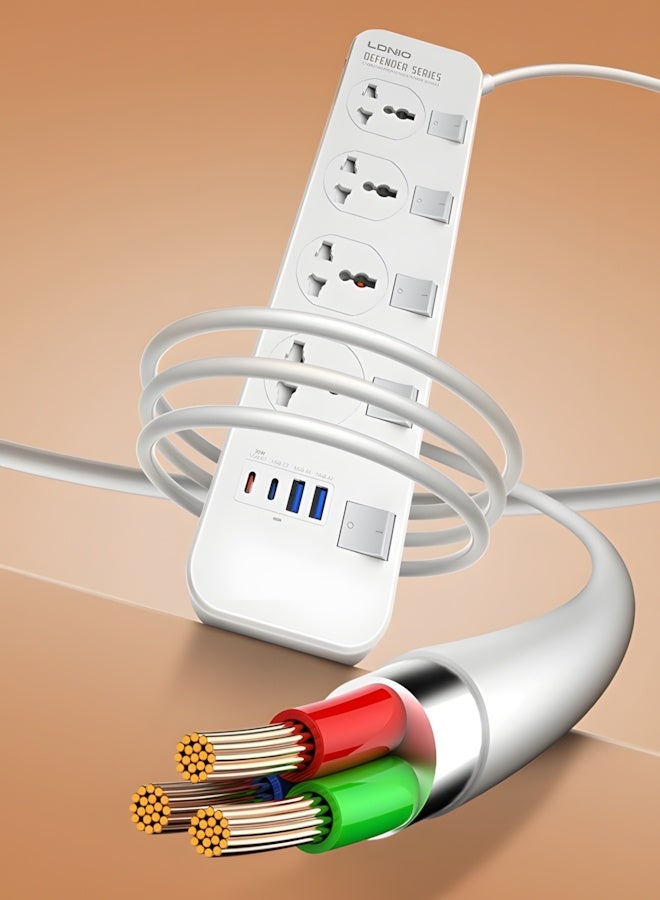 لدنيو SC4408C | لدنيو مشترك كهربائي 4 مخارج كهرباء و 2 مخرج يو اس بي و 2 مخرج تايب سي للشحن, بجسم مضاد للحريق و كابل بطول 2 متر قوة استحمال 2500 واط - Image 4